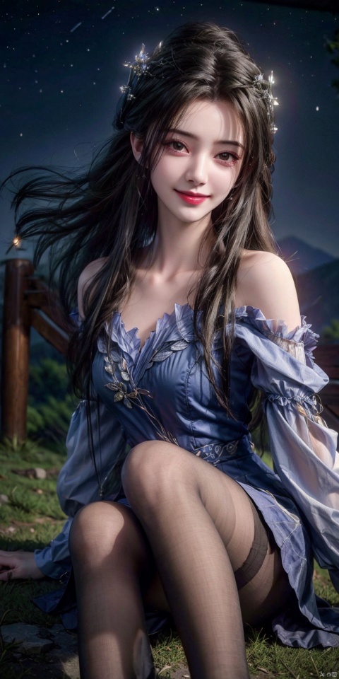  best quality, masterpiece, ,(Good structure), DSLR Quality,Depth of field,kind smile,looking_at_viewer,Dynamic pose, realistic ,
On the mountaintop, you can see the starry sky, and a beautiful girl is sitting on the grass. It is a masterpiece of a master, with stunning beauty, eye close-up, natural beauty, long legs, and short skirt, ,blackpantyhose,  , limuwan