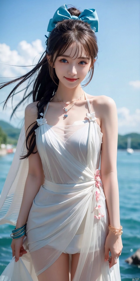  best quality, masterpiece, realistic, ,(Good structure), DSLR Quality,Depth of field,kind smile,looking_at_viewer,Dynamic pose, 
1girl, solo, long hair, breasts, looking at viewer, blush, , bangs, blue eyes,, dress, bow, , bare shoulders, jewelry, very long hair, collarbone, ponytail, white hair, hair bow, thighs, outdoors, sky, sleeveless, day, cloud, water, necklace, white dress, hair over one eye, bracelet, blue sky, blue bow, wading, pendant, doll, skirt hold, rainbow, anastasia \(fate\), , lianmo