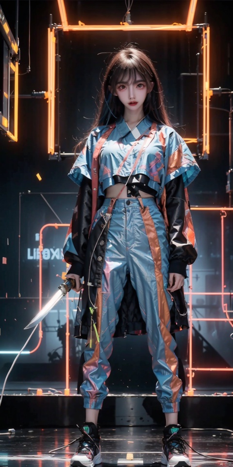  1 girl, loose clothes, (holding a samurai sword) (blue hair, blue eyes, three-dimensional facial features, big eyes, light makeup, lying silkworm), (loli height, standing on a mirrored stage, full body photo), (overhead view), (workwear pants, clothing - street hip-hop), (exquisite masterpiece), (holographic projection), (cyberpunk style), (mechanical modular background), (Luminous circuit) (Flashing neon light) (Blue illuminated background) (Background blurring treatment), Light-electric style, fangfang