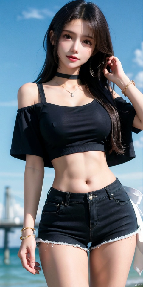  cowboy shot, Blue sky, white clouds, ocean,nai3, 1girl, shorts, solo, crop top, black shorts, choker, navel, shirt, midriff, crop top overhang, looking at viewer, white shirt, jewelry, breasts, bare shoulders, short shorts, off-shoulder shirt, off shoulder, black choker, thighs, stomach, hand on own thigh, long hair, bracelet, short sleeves, ribbon, hand up, collarbone, hair ribbon, medium breasts, standing, high-waist shorts, dolphin shorts, bra strap, , hair ornament, thigh gap, necklace, expressionless, , ,kind smile, tifa, tifa lockhart