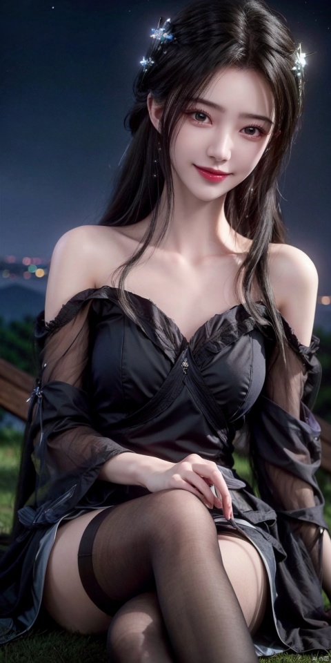  best quality, masterpiece,realistic ,(Good structure), DSLR Quality,Depth of field,kind smile,looking_at_viewer,Dynamic pose, realistic ,
On the mountaintop, you can see the starry sky, and a beautiful girl is sitting on the grass. It is a masterpiece of a master, with stunning beauty, eye close-up, natural beauty, long legs, and short skirt, ,blackpantyhose, , limuwan