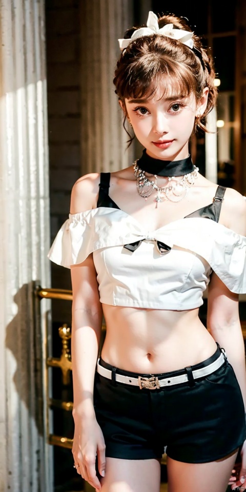  nai3, 1girl, shorts, solo, crop top, black shorts, choker, navel, shirt, midriff, crop top overhang, looking at viewer, white shirt, jewelry, breasts, cowboy shot, bare shoulders, short shorts, off-shoulder shirt, off shoulder, black choker, thighs, stomach, hand on own thigh, long hair, bracelet, short sleeves, ribbon, hand up, collarbone, hair ribbon, medium breasts, standing, high-waist shorts, dolphin shorts, bra strap, closed mouth, hair ornament, thigh gap, bangs, necklace, expressionless,, heben,brown-hair,kind smile