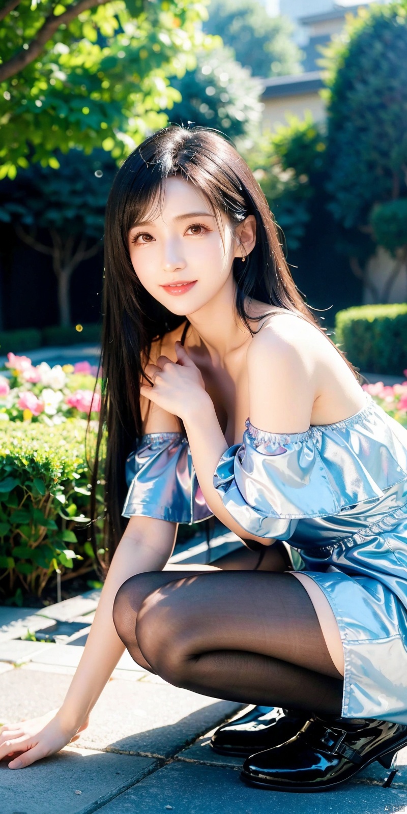 (Good structure),, DSLR Quality,Depth of field ,looking_at_viewer,Dynamic pose, , kind smile,
 (masterpiece, best quality:1.2),illustration,absurdres,highres,extremely detailed,1girl,long hair,black hair,pale skin,off-shoulder dress,black thighhighs,outdoors,flower,fluttering petals,upper body,(:d:0.8),chromatic aberration abuse,pastel color,Depth of field,garden of the sun,shiny,breasts,, tifa, blackpantyhose