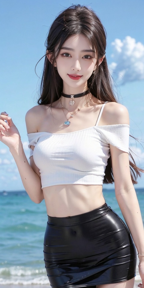  cowboy_shot,(Good structure), DSLR Quality,Short skirt,Blue sky, white clouds, ocean, nai3, 1girl, solo, crop top, , choker, navel, shirt, midriff, crop top overhang, looking at viewer, white shirt, jewelry, breasts, bare shoulders, off-shoulder shirt, off shoulder, black choker, thighs, stomach, long hair, bracelet, short sleeves, ribbon, hand up, collarbone, hair ribbon, medium breasts, , bra strap, , hair ornament, thigh gap, necklace, expressionless, , ,kind smile, , wanglin