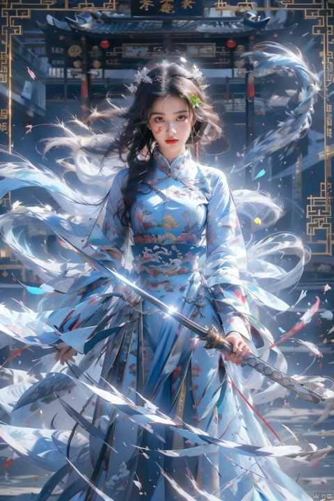  1 girl, solo, (upper body) female focal point, (Hanfu) (kimono) (skirt), blue long hair, (Chinese clothing) (blue eyes) (bright pictures) red lips, bangs, earrings, kimono, Chinese cardigan, print, tassels, (front view) (front view), sword (straight sword)
Elemental Whirlwind, Chinese Dragon_ Imagination__ Cloud winding_ Huoyun_ Dragon, Chinese architecture.
(Masterpiece), (very detailed CG Unity 8K wallpaper), the best quality, high-resolution illustrations, stunning, highlights, (best lighting, best shadows, a very exquisite and beautiful), (enhanced)·, liuyifei