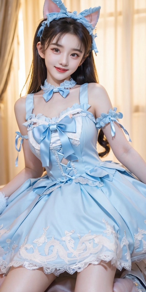  (Good structure), DSLR Quality,Depth of field,kind smile,looking_at_viewer,Dynamic pose, ,(wariza),,Girl, bare shoulders, , boobs, bow tie, ,purple eyes, cat ears, collar, ((Lolita Dress: 1.4)) , blue and white Lolita dress, wrinkled leg outfit, hand-held, lips, nose, shoulders, , alone, long_hair, kind smile, looking at the audience, white leg costume, wrist cuffs, 1girl,,looking_at_viewer, , lolidress ,songzuer