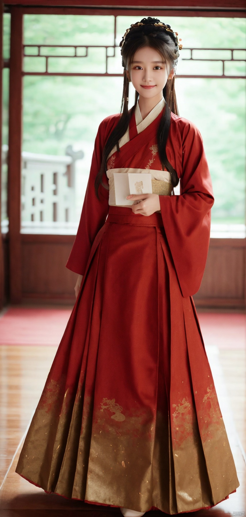 best quality, masterpiece, realistic,cowboy_shot,(Good structure), DSLR Quality,Depth of field,kind smile,looking_at_viewer,Dynamic pose, 
1girl,lianmo,chinese clothes,dress,skirt,long skirt,red skirt,long sleeves,hanfu,hakama skirt,mamianqun,