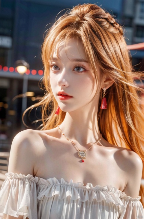  DSLR, (Good structure), HDR, UHD, 8K, 1girl,Bangs, off shoulder, colorful_hair, ((colorful hair)), , chest, necklace, earrings, floating hair, jewelry, sleeveless, very long hair,Looking at the observer, parted lips, pierced,energy,electricity,magic,sssr,blonde hair, Detail, eluosi