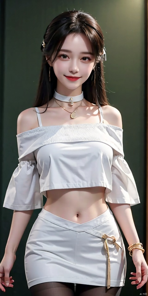  nai3, 1girl, solo, crop top, choker, miniskirt , navel, shirt, midriff, crop top overhang, looking at viewer, white shirt, jewelry, breasts, cowboy shot, bare shoulders, off-shoulder shirt, off shoulder, black choker, thighs, stomach, hand on own thigh, long hair, bracelet, short sleeves, ribbon, hand up, collarbone, hair ribbon, medium breasts, standing, , , bra strap, kind smile, hair ornament, thigh gap, bangs, necklace, expressionless,,kind smile , , blackpantyhose, , Dynamic pose,, liushen