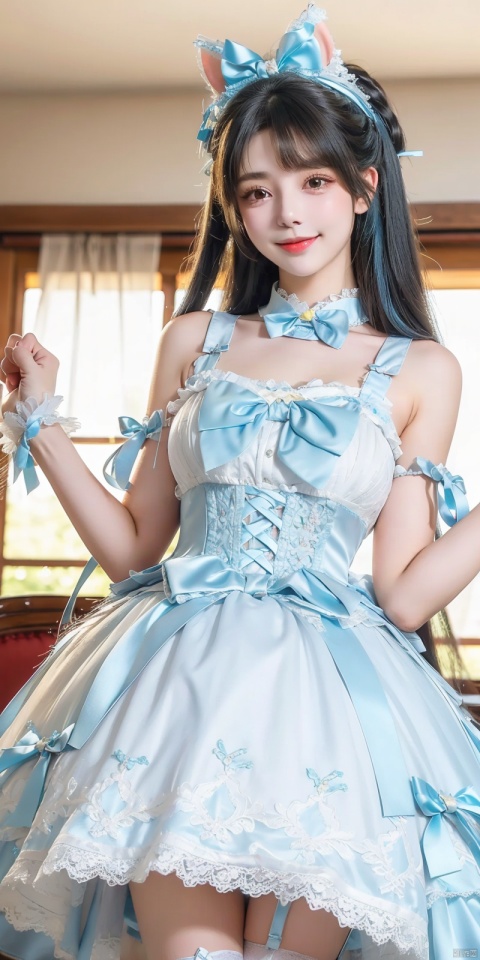  (Good structure), DSLR Quality,(wariza),,Girl, bare shoulders, blue hair, boobs, bow tie, brown eyes, cat ears, collar, ((Lolita Dress: 1.4)) , blue and white Lolita dress, wrinkled leg outfit, hand-held, lips, nose, shoulders, , alone, two-tailed, kind smile, looking at the audience, white leg costume, wrist cuffs, 1girl,,looking_at_viewer, xuner, lolidress