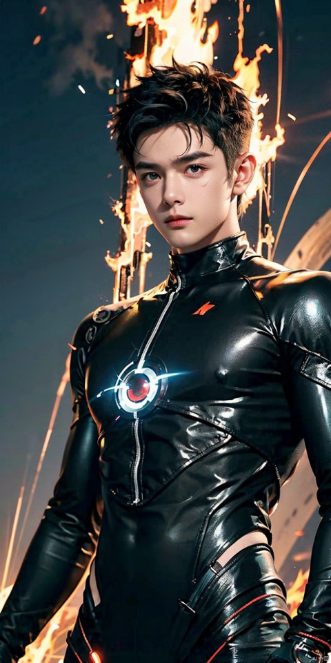  asuo,1boy,male focus,solo,bodysuit,looking at viewer,white background,wind,fire,electricity,black hair,glowing,black bodysuit,clenched hands,spiked hair,standing,simple background,short hair,gloves, cyborg, ((poakl)), Light master, Detail