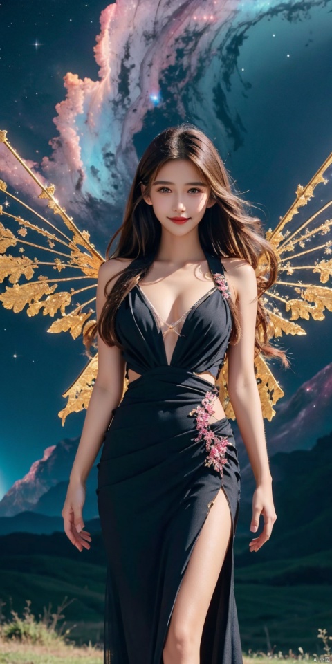  (Good structure), DSLR Quality,Depth of field,kind smile,looking_at_viewer,Dynamic pose, 1girl, wings, solo, nebula wings, breasts, , long hair, navel, dress, pink wings, looking at viewer, star \(sky\), , , bare shoulders, sky, starry sky, collarbone, realistic, nebula, ((poakl)),, sufei, angel