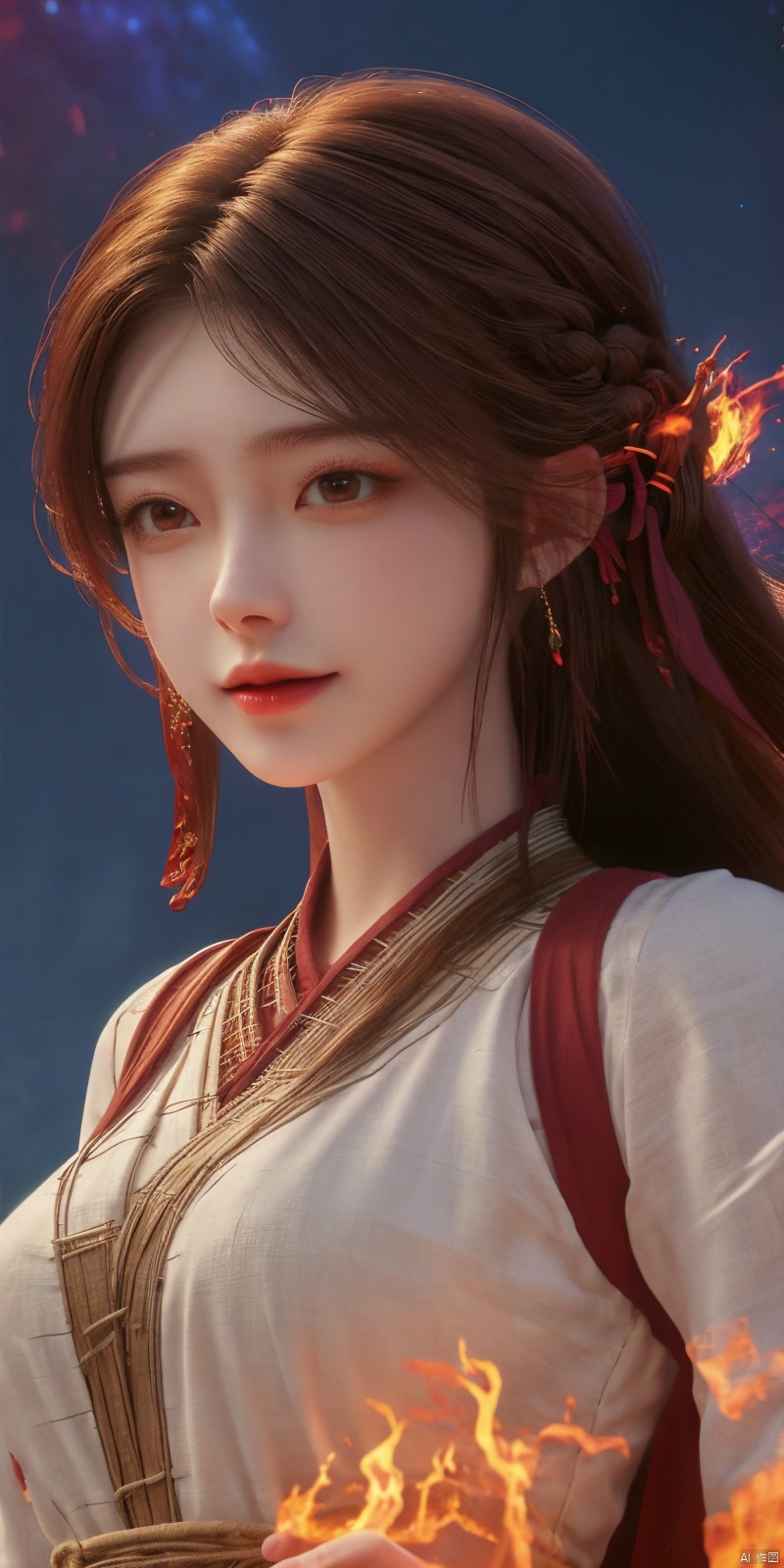  kind smile,looking_at_viewer,masterpiece, 1 girl, Look at me, Long hair, Flame, A magical scene, glowing, Floating hair, realistic, Nebula, An incredible picture, The magic array behind it, Stand, textured skin, super detail, best quality, , huolinger,dress, 1girl, qingyi, yunxi