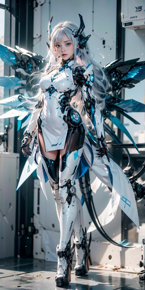  best quality,masterpiece,1girl,pink mecha body,cyborg,blue eyes,brown hair,depth of field,white hair,looking at viewer,1 girl with wings in mecha,Wings Follow Character Proportion,Outstanding,8K wallpaper,jixieji, 1girl, Dragon ear, tianqi, ((poakl)), Detail, white_hair,((Mechanical wings)),high heels,fly,