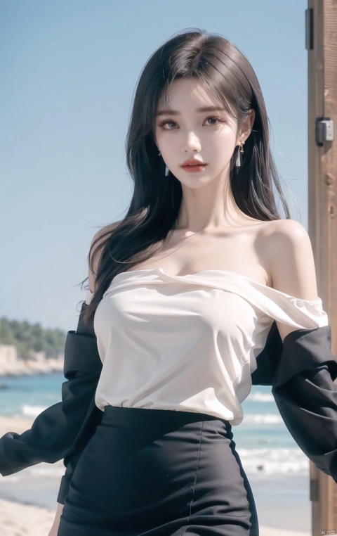  (((1 girl))), (medium breasts:), ((upper body:0.7)), half body photo, female solo, depth of field, blue earrings, jewelry, off-shoulder white shirt, black tight skirt, (at beach), blonde hair, (((masterpiece))), (((best quality))), ((ultra-detailed)), (best illustration), (best shadow), photorealistic:1.3, realistic), highly detailed CG unified 8K wallpapers, (HQ skin:1.3, shiny skin), 8k uhd, dslr, soft lighting, high quality, film grain, Fujifilm XT3, (professional lighting), red lips,,Best quality, 8k,cg,Eye close-up,cute girl, , crystal_dress, sunyunzhu, Detail, BY MOONCRYPTOWOW