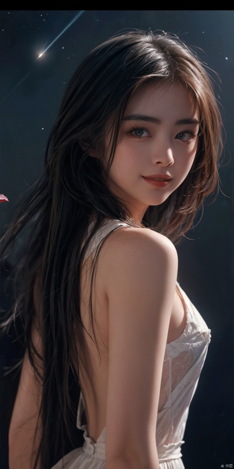  best quality, masterpiece, realistic,cowboy_shot,(Good structure), DSLR Quality,Depth of field,kind smile,looking_at_viewer,Dynamic pose, 1girl,
8k resolution, Masterpiece quality, High detail. ,
Fantasy theme, cropped. {(1 girl:1.5),(close to viewer:1.8), ((looking at viewer:2), beautiful face, breasts), ((worm's eye shot:1.2)),perspective distortion}, (Panoramic view, fisheye lens effect:1.1). 
{(Strong backlighting, underexposure:1.4), (blocked shadows:0.8), depth of field(at 100mm focal length:1.2)}, (horizon:0.7), low key earth.
the starry sky feathering into the background, creating a sense of depth and gradient. Incorporating Droste Effect(an endless repetition and reflection:1.2). 
Surrounded by fluttering rose petals, reflected or casting dramatic shadows and highlights, {(meteor shower, planets:1.1), (Vermilion Comet:1.3)}. mesmerizing effect, a dreamlike ambiance of infinity. A vortex of rose petals, a starry sky vortex, , as, vortex, tyjf, , , ,wangzuxian