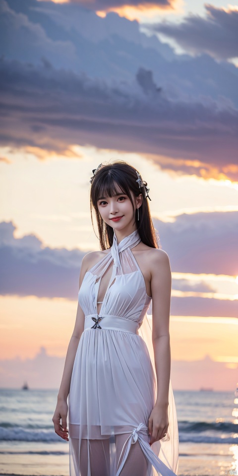  best quality, masterpiece, realistic, ,(Good structure), DSLR Quality,Depth of field,kind smile,looking_at_viewer,Dynamic pose, 
1girl, solo, looking at viewer, , ,, , bangs, black hair, dress, ribbon, bare shoulders, brown eyes, standing, collarbone, :d, outdoors, sky, sleeveless, cloud, signature, blunt bangs, water, white dress, bare arms, black ribbon, sleeveless dress, ocean, sunlight, wading, sunset, skirt hold, sun, horizon, sundress, see-through silhouette,  , xiaoyixian,white_hair