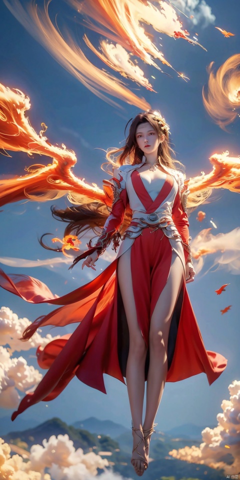 (Good structure), DSLR Quality, 1girl, 
(red fire,magic),(glowing eyes:1.3), 
chest,electricity, lightning,
white magic, aura,,
Front view,air,cloud,
backlight,looking at viewer,,
very long hair,hair flowe

full_body,(bare feet,:1.2)(flying in the sky:1.6),(Stepping on the clouds:1.2),(Red Angel Wings:1.2), wings,  (\huo yan shao nv\), yunyun,wings