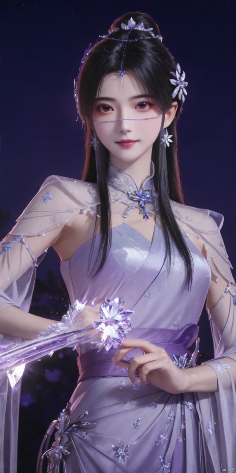  best quality, masterpiece, cowboy_shot,(Good structure), DSLR Quality,Depth of field,kind smile,looking_at_viewer,Dynamic pose, 
1 girl,(Purple light effect),hair ornament,jewelry,looking at viewer, , , dofas,(ultra-detailed crystallization),transparent crystals, , , dress, , , Purple light effect, ,  xiaqingyue, 