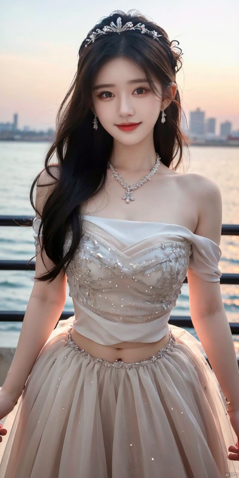  best quality, masterpiece, realistic,cowboy_shot,(Good structure), DSLR Quality,Depth of field,kind smile,looking_at_viewer,Dynamic pose, 
1girl, solo, long hair, , looking at viewer, skirt, hair ornament, bare shoulders, jewelry, , black hair, earrings, outdoors, midriff, water, necklace, lips, crop top, grey eyes, leaning forward, ocean, white skirt, strapless vest, sunset, sun, , , , weddingdress, zhaosilu