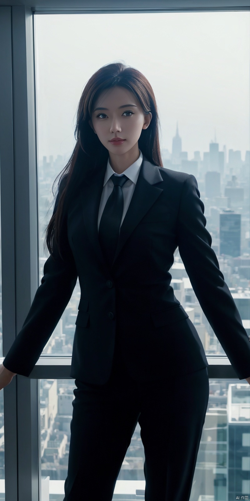  Modern businesswoman, dressed in a sleek suit and tie, posing confidently in a modern office setting, cityscape view through the window, focused expression, powerful pose, professional attire, realistic lighting, sharp focus.