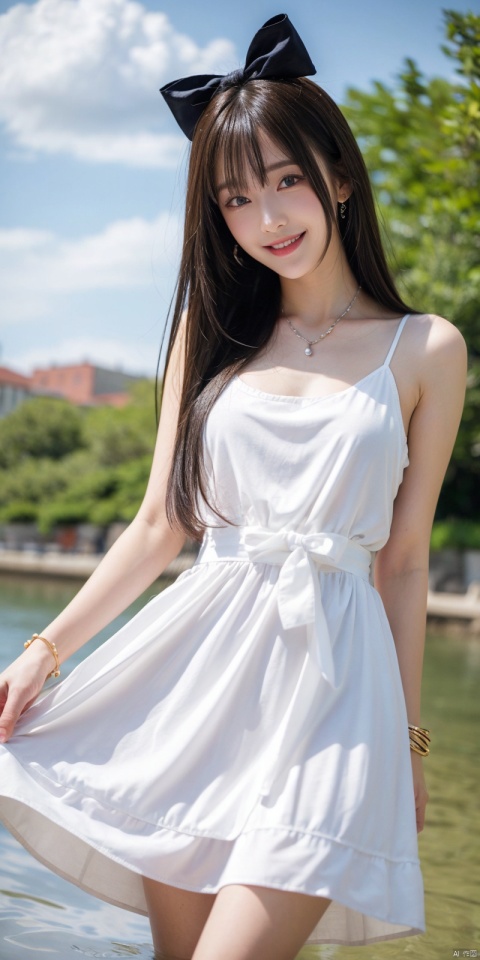  best quality, masterpiece, realistic, ,(Good structure), DSLR Quality,Depth of field,kind smile,looking_at_viewer,Dynamic pose, 
1girl, solo, long hair, , looking at viewer, blush, , bangs, blue eyes,, dress, bow, , bare shoulders, jewelry, very long hair, collarbone, , white hair, hair bow, thighs, outdoors, sky, sleeveless, day, cloud, water, necklace, white dress, hair over one eye, bracelet, blue sky, blue bow, wading, pendant, doll, skirt hold, rainbow, anastasia \(fate\), ,  , linghua