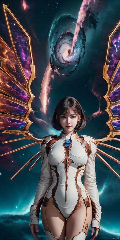  (Good structure), DSLR Quality,Depth of field,kind smile,looking_at_viewer,Dynamic pose, 1girl, wings, solo, nebula wings, , , navel, dress, pink wings, looking at viewer, star \(sky\), , , bare shoulders, sky, starry sky, collarbone, realistic, nebula, ((poakl)), short_hair, jiqing