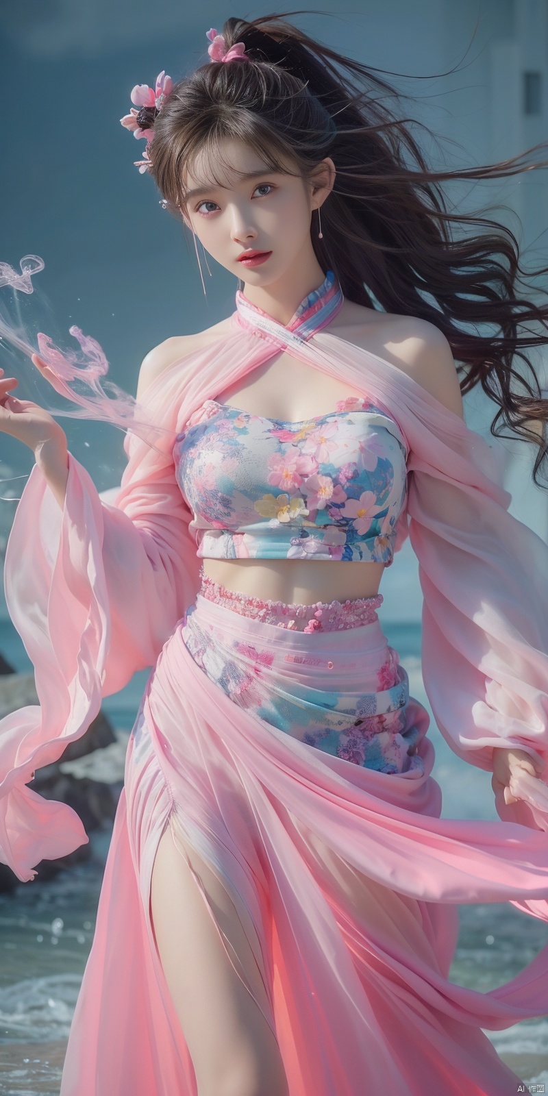  best quality, masterpiece, cowboy_shot,(Good structure), DSLR Quality,Depth of field,kind smile,looking_at_viewer,Dynamic pose, 
 Surrealism Dream Style,glowing neon color,RAW photo,at night,1girl,solo,sea,black hair,ponytail,looking at viewer,long hair,up,lips,sash,water splaashing,hair ornament,realistic,wide sleeves,hanfu,long dress,Semi transparent gauze skirt,surrealist,Best quality,masterpiece,ultra high res,Petal skirt,wind,flowers,bloom,Clouds,smoke,neon lights, 80sDBA style, 1 girl, , , wangyushan