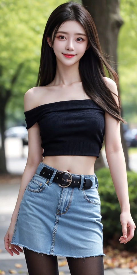  best quality, masterpiece, full_body,(Good structure), DSLR Quality,Depth of field,kind smile,looking_at_viewer,Dynamic pose,
 1girl, 3d, bare_shoulders, belt, blurry, blurry_background, blurry_foreground, branch, , , , collarbone, *******_photo, denim, denim_skirt, depth_of_field, , lips, long_hair, looking_at_viewer, midriff, miniskirt, motion_blur, navel, outdoors, photo_\(medium\), realistic, skirt, solo, standing, tree, , , , blackpantyhose, , , , , , , , , xuner