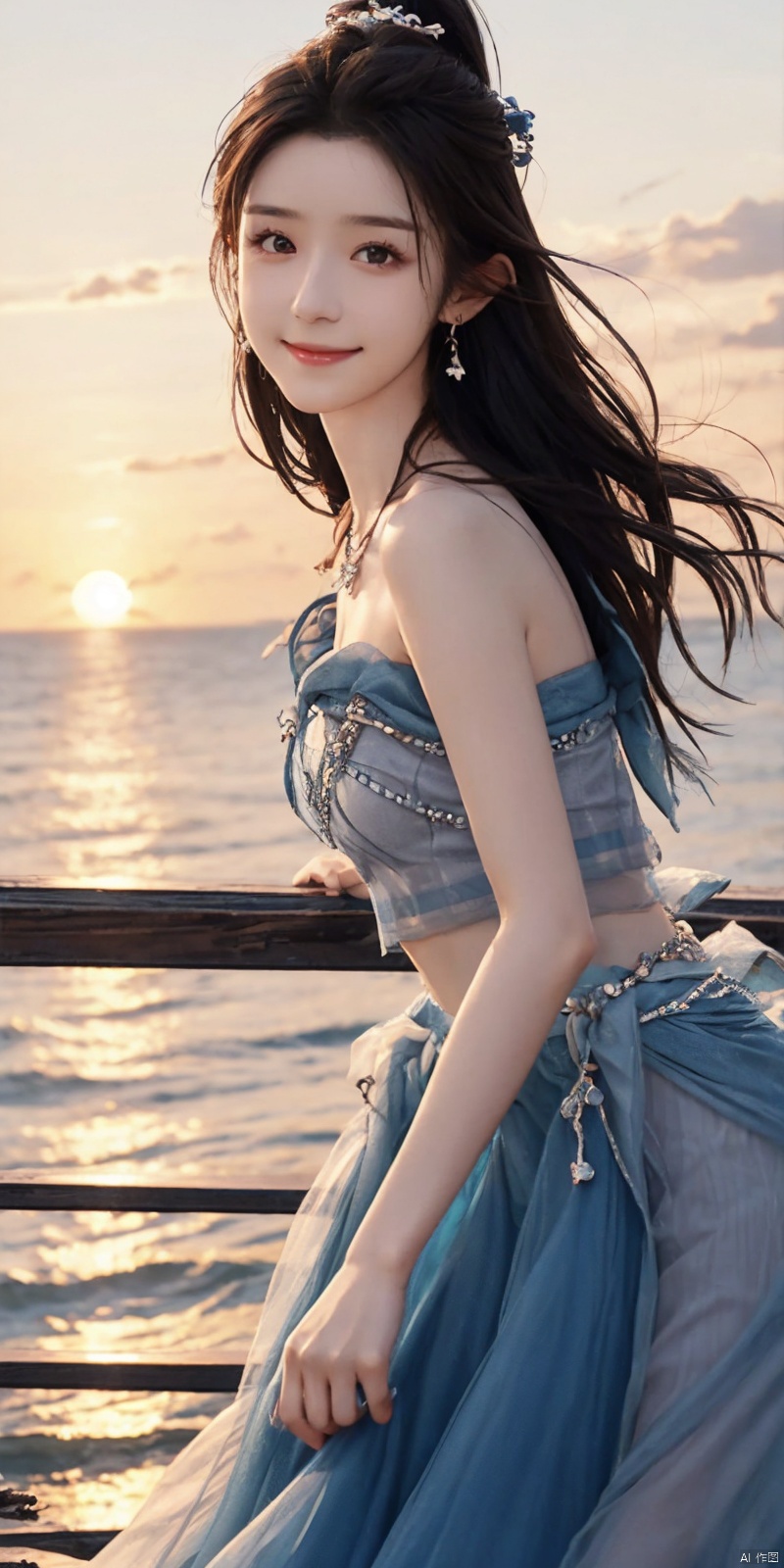  best quality, masterpiece, realistic,cowboy_shot,(Good structure), DSLR Quality,Depth of field,kind smile,looking_at_viewer,Dynamic pose, 
1girl, solo, long hair, , looking at viewer, skirt, hair ornament, bare shoulders, jewelry, , black hair, earrings, outdoors, midriff, water, necklace, lips, crop top, grey eyes, leaning forward, ocean, white skirt, strapless vest, sunset, sun, ,  , dress,blue dress, , hanikezi