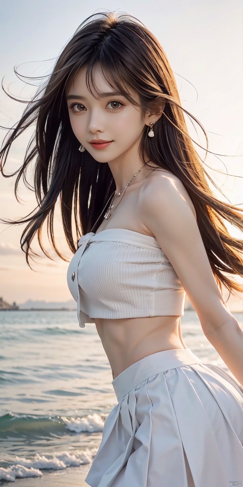  (Good structure),cowboy_shot, DSLR Quality,Depth of field ,looking_at_viewer,Dynamic pose, , kind smile,,
1girl, solo, long hair, , looking at viewer, skirt, hair ornament, bare shoulders, jewelry, , black hair, earrings, outdoors, midriff, water, necklace, lips, crop top, grey eyes, leaning forward, ocean, white skirt, strapless vest, sunset, sun, wangyushan