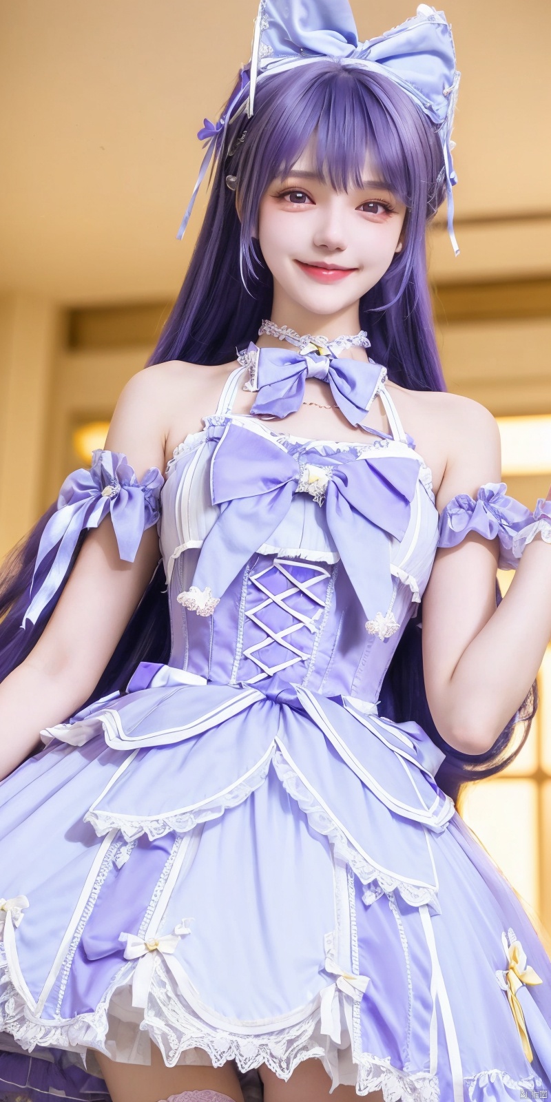  (Good structure), DSLR Quality,Depth of field,kind smile,looking_at_viewer,Dynamic pose, ,(wariza),,Girl, bare shoulders, blue hair, boobs, bow tie, brown eyes, cat ears, collar, ((Lolita Dress: 1.4)) , blue and white Lolita dress, wrinkled leg outfit, hand-held, lips, nose, shoulders, , alone, long_hair, kind smile, looking at the audience, white leg costume, wrist cuffs, 1girl,,looking_at_viewer, , lolidress, ,, ,purple hair, shengcaier