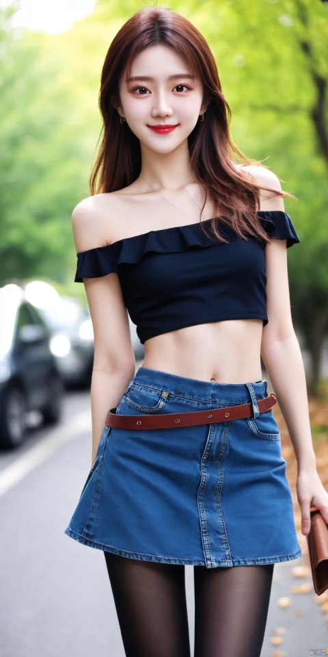 best quality, masterpiece, realistic,cowboy_shot,(Good structure), DSLR Quality,Depth of field,kind smile,looking_at_viewer,Dynamic pose, 
 1girl, 3d, bare_shoulders, belt, blurry, blurry_background, blurry_foreground, branch, , , , collarbone, *******_photo, denim, denim_skirt, depth_of_field, , lips, long_hair, looking_at_viewer, midriff, miniskirt, motion_blur, navel, outdoors, photo_\(medium\), realistic, skirt, solo, standing, tree, , , , blackpantyhose, , , , , , , ,  , zhennite