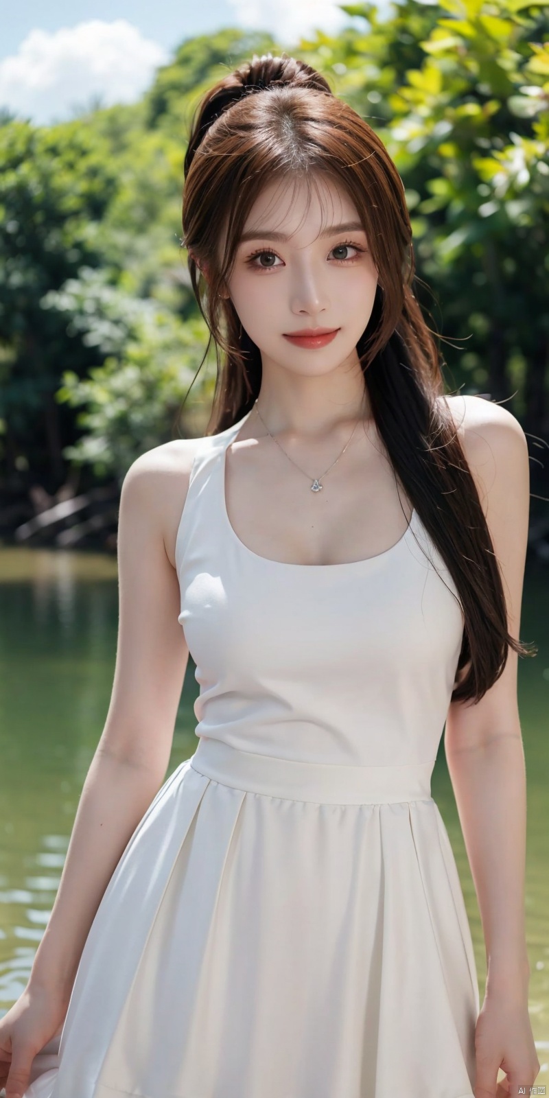  best quality, masterpiece, realistic, ,(Good structure), DSLR Quality,Depth of field,kind smile,looking_at_viewer,Dynamic pose, 
1girl, solo, long hair, breasts, looking at viewer, blush, , bangs, blue eyes,, dress, bow, , bare shoulders, jewelry, very long hair, collarbone, ponytail, white hair, hair bow, thighs, outdoors, sky, sleeveless, day, cloud, water, necklace, white dress, hair over one eye, bracelet, blue sky, blue bow, wading, pendant, doll, skirt hold, rainbow, anastasia \(fate\),
  longni