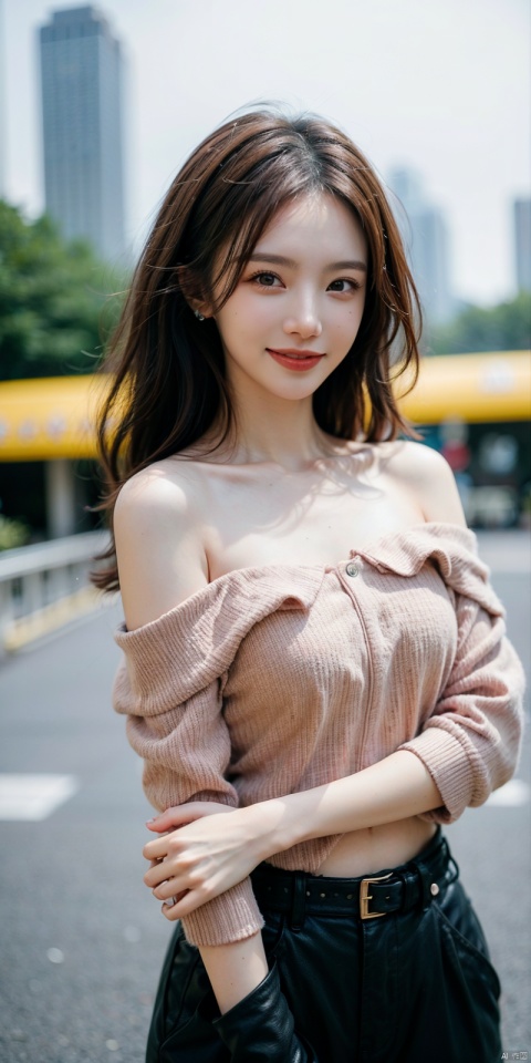  1girl, (looking at viewer), (bokeh:1.1), closed mouth,light smile, realistic, arm up, off shoulder,
pants, skyline,
best quality, (photorealistic:1.4), ultra highres, jinchen