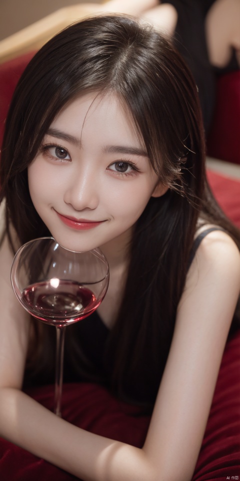 best quality, masterpiece, (Good structure), DSLR Quality,Depth of field,kind smile,looking_at_viewer,Dynamic pose, 
 A girl lying in a red wine glass, looking from above, lianmo