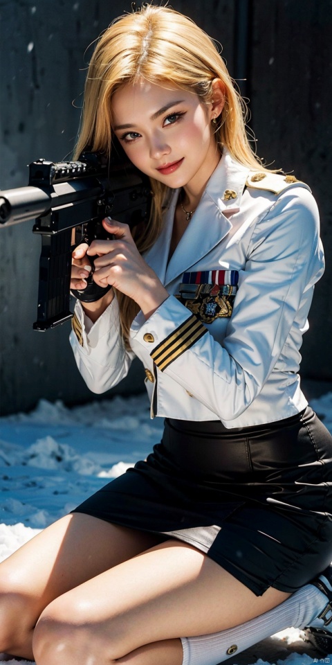  one blonde women wearing tight military uniforms,Kneeling on one knee, White military uniform, pencil_skirt,aiming action,holding an assault rifle in her hand, snow, highly detailed, ultra-high resolution, 32K ultra high definition, best quality, masterpiece, android 18, ,renzaoren,kind smile,looking_at_the_viewer