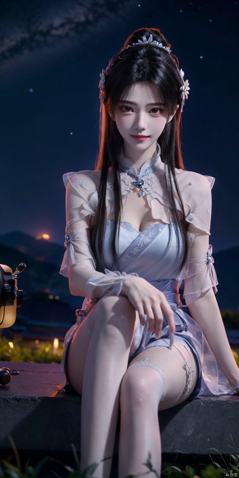  best quality, masterpiece, ,(Good structure), DSLR Quality,Depth of field,kind smile,looking_at_viewer,Dynamic pose, realistic ,
On the mountaintop, you can see the starry sky, and a beautiful girl is sitting on the grass. It is a masterpiece of a master, with stunning beauty, eye close-up, natural beauty, long legs, and short skirt, ,blackpantyhose, xiaqingyue