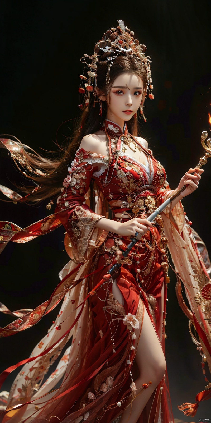  cowboy_shot,(Good structure), DSLR Quality,Depth of field,kind smile,looking_at_viewer,Dynamic po,masterpiece, official art, extremely detailed cg unity 8k wallpaper, highly detailed, absurdres, 8k resolution, 1girl, long hair, solo, black hair, dress, holding, fire, white dress, staff, barefoot, jewelry, dark skin, long dress, breasts, weapon, polearm, holding staff, bracelet, looking at viewer, dark-skinned female, standing, torn clothes, blood, spear, holding weapon, medium breasts, floating hair, closed mouth, embers, holding polearm , depth of field, panorama, cinematic lighting, ray tracing, ((poakl)), chineseclothes, hanikezi