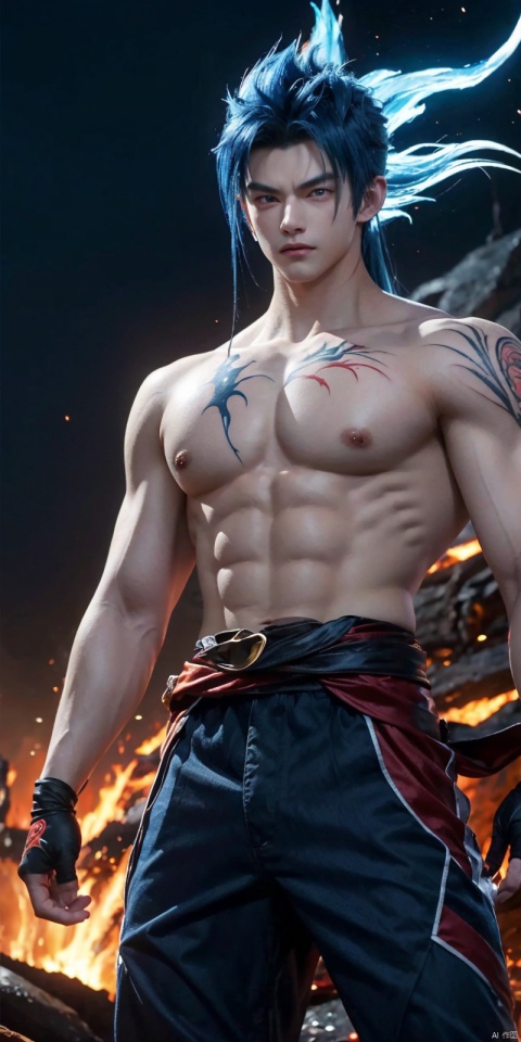  Get ready for a visual feast with Gohan having a handsome face and piercing red eyes, Brilliant blue hair and tattoos, Balanced character portraits and landscapes, and a perfect body. In his transformed state, He radiates extreme instinct and strength, Create an epic anime about this energy man. Fire and lava in stunning anime artwork will leave you in awe. This conceptual art is directly from the Universe, With manga-style 8K wallpapers that will take you to another dimension. Get ready to be amazed by this detailed digital anime artwork, Show the ultimate combination of style and strength., asuo,1boy