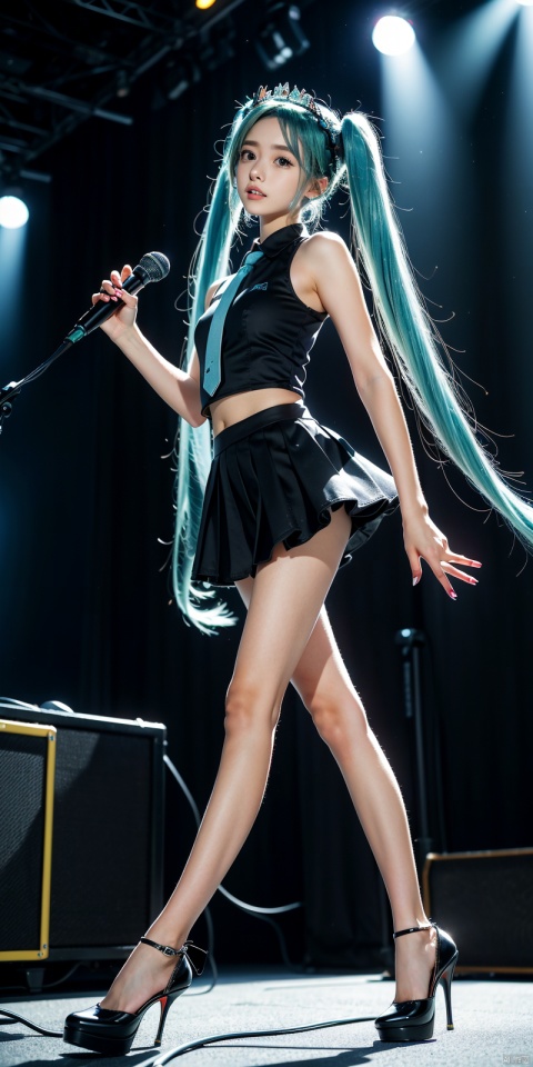 (Good structure),ps \(medium \), 1 girl, high quality, best quality, Hatsune Miku, blue hair, small breasts, long hair, (prominent pupil :1.2), (, flower, gilt decoration, high heels, floral headdress), (Singing, microphone, holding microphone in both hands, sad mood), (stage, large outdoor stage, dim, Spotlight, breeze, fluttering hair), (whole body 1.8), night, stretch legs, (face :2.0), (side face 1.8), pose, (playing electricity guitar:1.4), (Passers-by, spectators, blur:1.3)
, Hatsune Miku, long hair, looking at the audience, tie, open mouth, pleated skirt, shirt, skirt, sleeveless, sleeveless shirt, solo, speech bubble, thigh high heels, , very long hair, first tone future,
 ,chuyinweilai,twintails,aqua hair, 1girl, ((poakl))