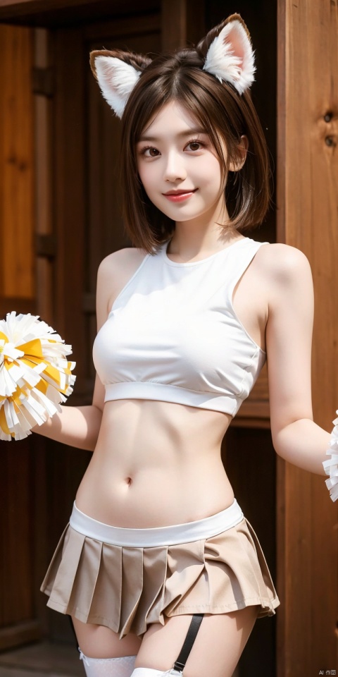 best quality, masterpiece, realistic,cowboy_shot,(Good structure), DSLR Quality,Depth of field,kind smile,looking_at_viewer,Dynamic pose, 
1girl, solo, breasts, looking at viewer, blush, smile, short hair, skirt, brown hair, shirt, thighhighs, navel, holding, animal ears, bare shoulders, underwear, standing, panties, tail, yellow eyes, white shirt, thighs, cowboy shot, pleated skirt, small breasts,, sleeveless, midriff, black thighhighs, indoors, miniskirt, stomach, white panties, grin, crop top, animal ear fluff, bare arms, fox ears, sleeveless shirt, fox tail, halo, pantyshot, white skirt, fox girl, brown thighhighs, cheerleader, pom pom \(cheerleading\), crop top overhang, holding pom poms,  , jiajingwen