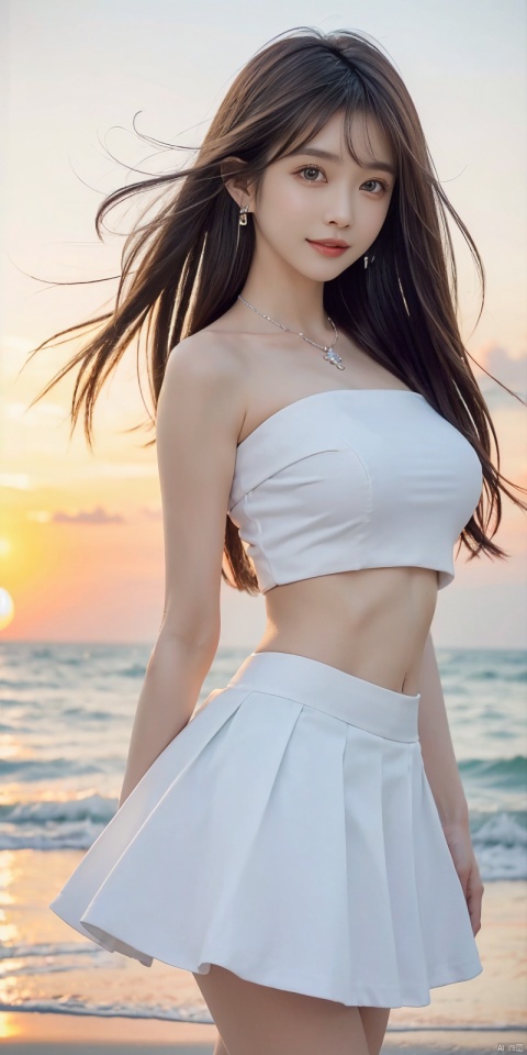  (Good structure),cowboy_shot, DSLR Quality,Depth of field ,looking_at_viewer,Dynamic pose, , kind smile,,
1girl, solo, long hair, , looking at viewer, skirt, hair ornament, bare shoulders, jewelry, , black hair, earrings, outdoors, midriff, water, necklace, lips, crop top, grey eyes, leaning forward, ocean, white skirt, strapless vest, sunset, sun, wangyushan
