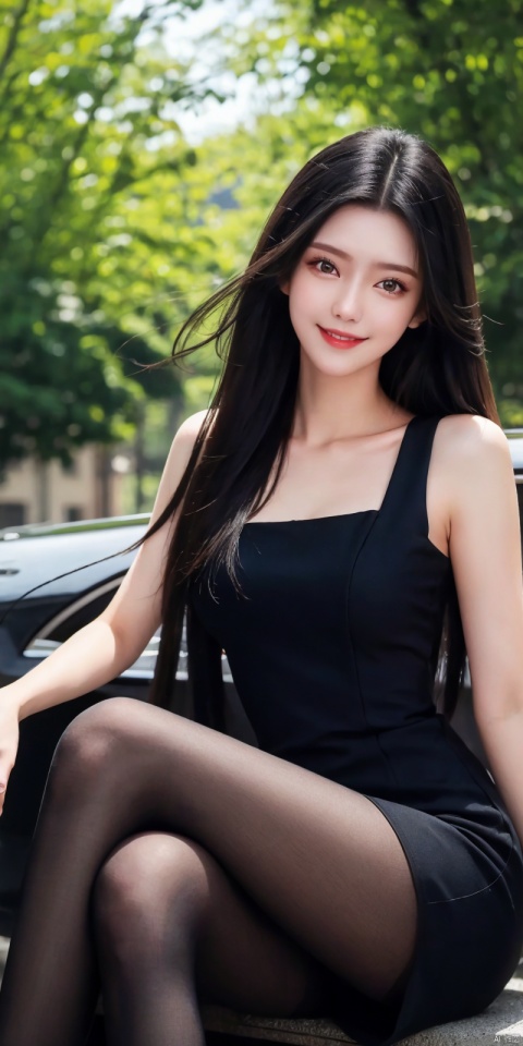  best quality, masterpiece, realistic,cowboy_shot,(Good structure), DSLR Quality,Depth of field,kind smile,looking_at_viewer,Dynamic pose, 
1girl, long hair, , looking at viewer, ,, black hair, dress, , bare shoulders,, sitting, very long hair, collarbone, pantyhose, parted lips, sleeveless, solo focus, black dress, lips, sleeveless dress, crossed legs, ground vehicle , , , , jiangli