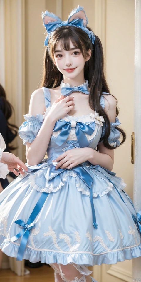  (Good structure), DSLR Quality,Depth of field,kind smile,looking_at_viewer,Dynamic pose, ,(wariza),,Girl, bare shoulders, blue hair, boobs, bow tie, brown eyes, cat ears, collar, ((Lolita Dress: 1.4)) , blue and white Lolita dress, wrinkled leg outfit, hand-held, lips, nose, shoulders, , alone, long_hair, kind smile, looking at the audience, white leg costume, wrist cuffs, 1girl,,looking_at_viewer, , lolidress, ,,    anni