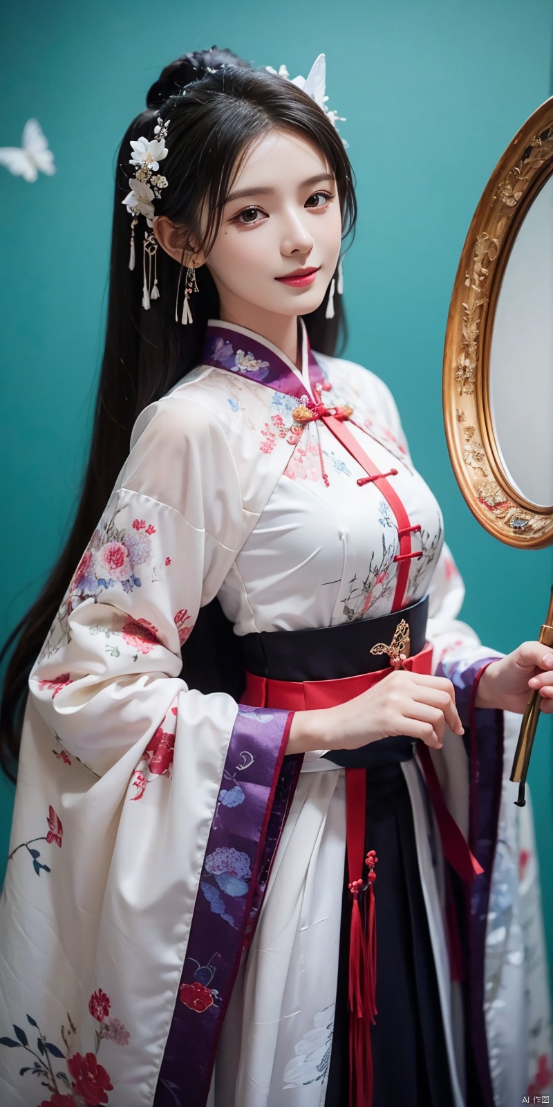  best quality, masterpiece, (cowboy_shot),(Good structure), DSLR Quality,Depth of field,kind smile,looking_at_viewer,Dynamic pose, line art,line style,as style,best quality,masterpiece, The image features a beautiful anime-style illustration of a young woman. She has long black hair and is dressed in a traditional Chinese outfit. The outfit consists of a white top with blue and purple accents, a long skirt, and a butterfly-shaped mirror in her hand. She stands against a backdrop of a clear blue sky and a body of water, with butterflies fluttering around her. AI painting pure tag structure: anime, art, illustration, traditional clothes, blue, white, long hair, black hair, butterfly, mirror, sky, water, , chineseclothes, zhangyuxi