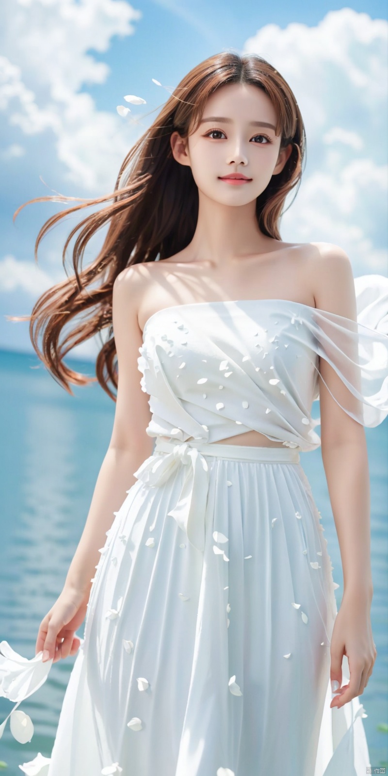  DSLR, depth of field, (1girl:1.2), , very long hair, low twintails, yellow eyes, light smile, looking at viewer, white shirt, white skirt, (flying white chiffon:1.5), bare shoulder, (flying blue petals:1.2), (standing above water surface), sky background, (cloud:1.2), white bird, floating water drops, (white border:1.2) , 
backlight, , jujingyi, taoist robe, ll-hd,(((large breasts)), depth of field,,  ((poakl)), litongqin