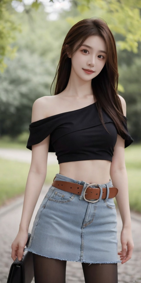 best quality, masterpiece, realistic,cowboy_shot,(Good structure), DSLR Quality,Depth of field,kind smile,looking_at_viewer,Dynamic pose, 
 1girl, 3d, bare_shoulders, belt, blurry, blurry_background, blurry_foreground, branch, , , , collarbone, *******_photo, denim, denim_skirt, depth_of_field, , lips, long_hair, looking_at_viewer, midriff, miniskirt, motion_blur, navel, outdoors, photo_\(medium\), realistic, skirt, solo, standing, tree, , , , blackpantyhose, , , , , , longni