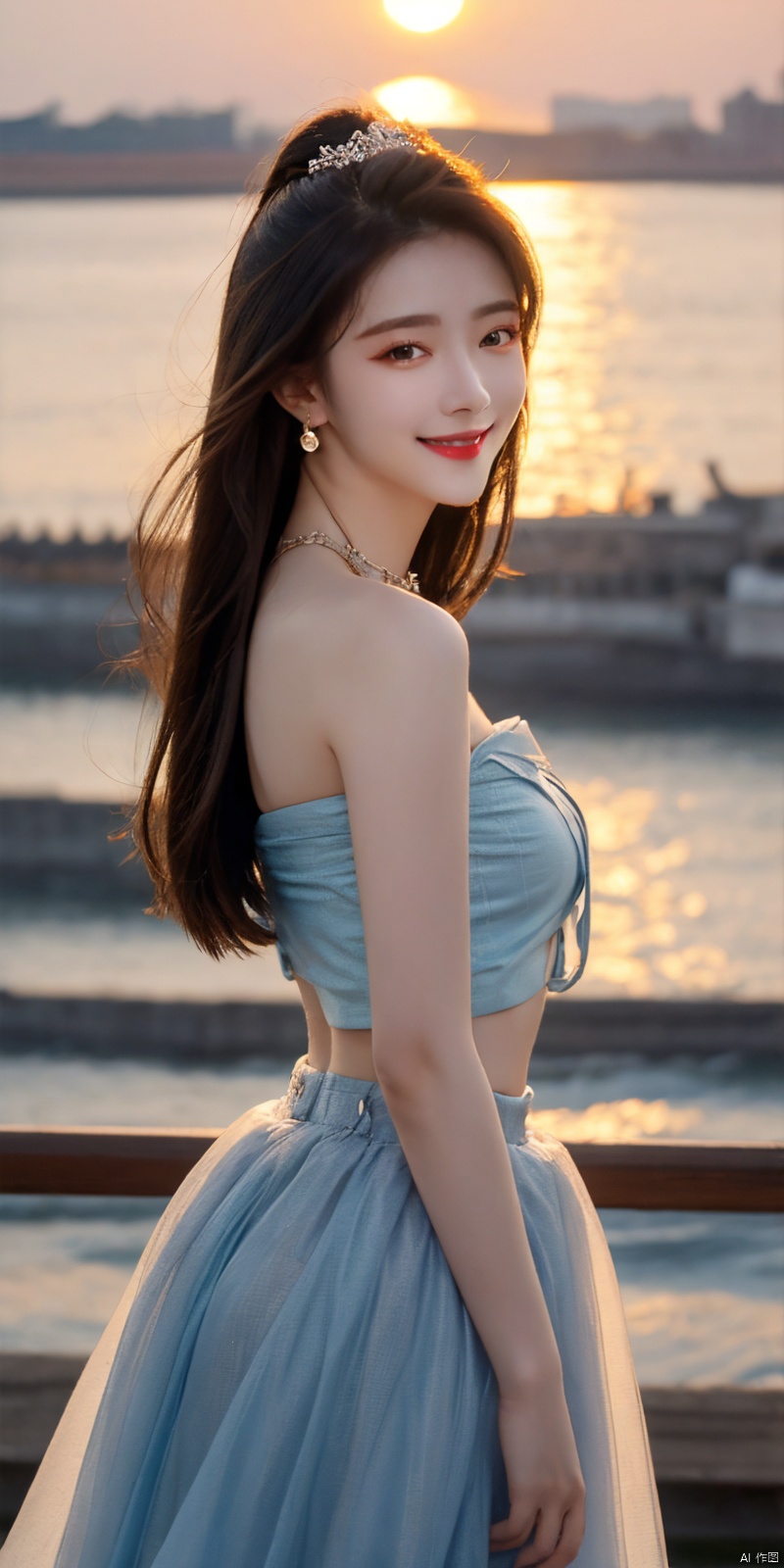  best quality, masterpiece, realistic,cowboy_shot,(Good structure), DSLR Quality,Depth of field,kind smile,looking_at_viewer,Dynamic pose, 
1girl, solo, long hair, , looking at viewer, skirt, hair ornament, bare shoulders, jewelry, , black hair, earrings, outdoors, midriff, water, necklace, lips, crop top, grey eyes, leaning forward, ocean, white skirt, strapless vest, sunset, sun, ,  , dress,blue dress, tianhu