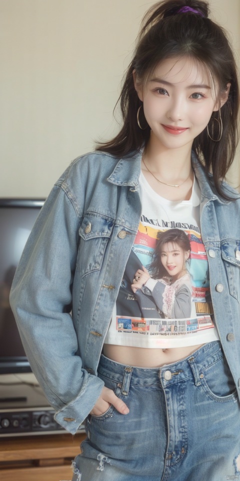  80sDBA style, fashion, (magazine: 1.3), (cover style: 1.3),Best quality, masterpiece, high-resolution, 4K, 1 girl, smile, exquisite makeup,shirt,jean,jacket , lace, tv,boombox
,, , ,  , yunv